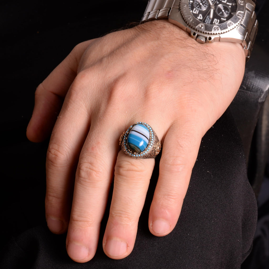 Natural Blue Agate Stone Ring, 925 Sterling Silver Ring, Men's Ring — 3