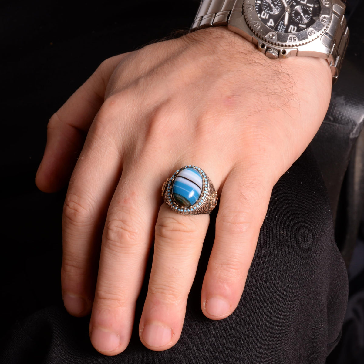 Natural Blue Agate Stone Ring, 925 Sterling Silver Ring, Men's Ring — 3