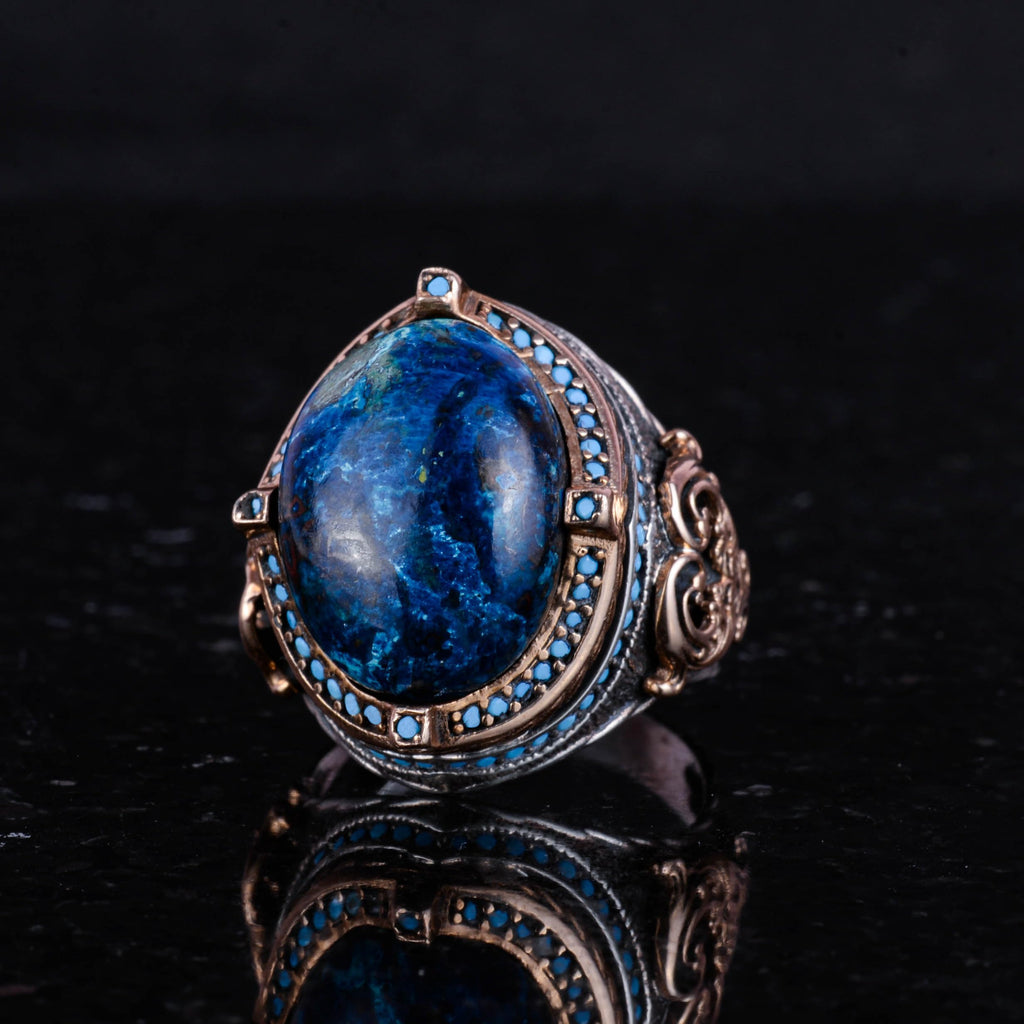 925 Sterling Silver Ring with Natural Azurite Stone, Handmade Men's Ring, Vintage Design — 6