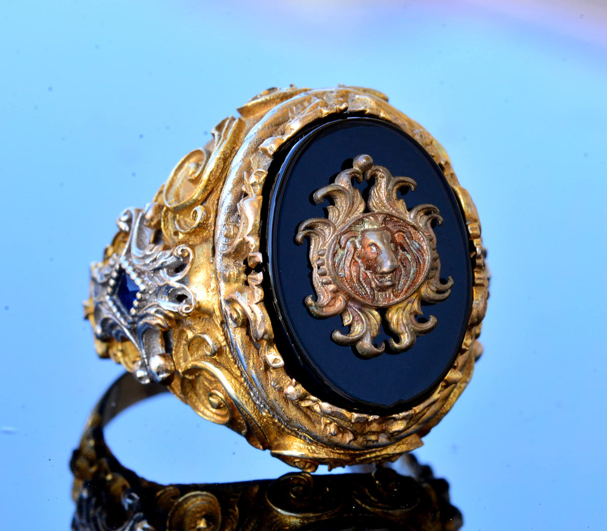 Handmade Onyx Ring - 925 Sterling Silver Men's Gold Plated Ring (Lion) — 3