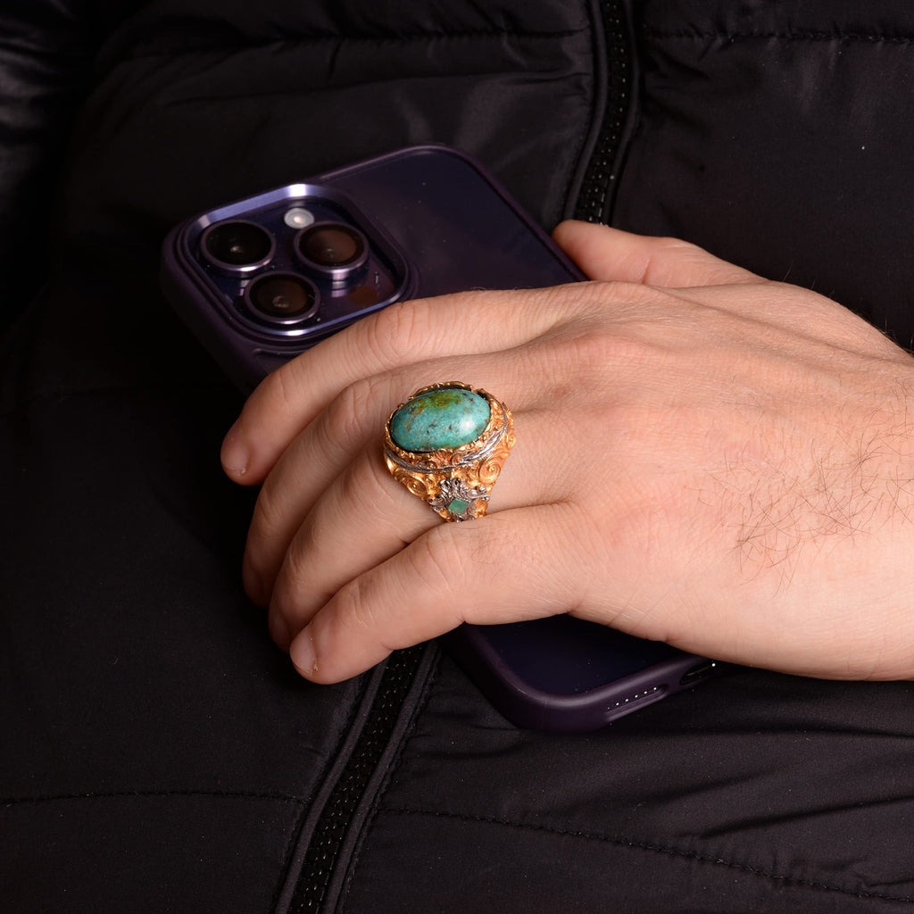 925 Sterling Silver Men's Ring with Natural Arizona Turquoise Stone - Bold and Stylish Design, Suitable for Daily Wear and Special Events — 6