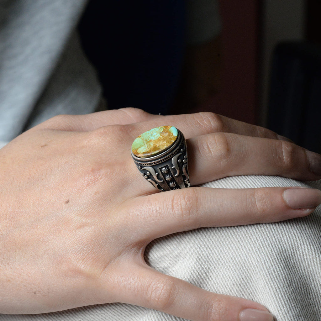 925 Sterling Silver Men's Ring with Natural Arizona Turquoise Stone - Vintage Design Handmade Jewelry — 7