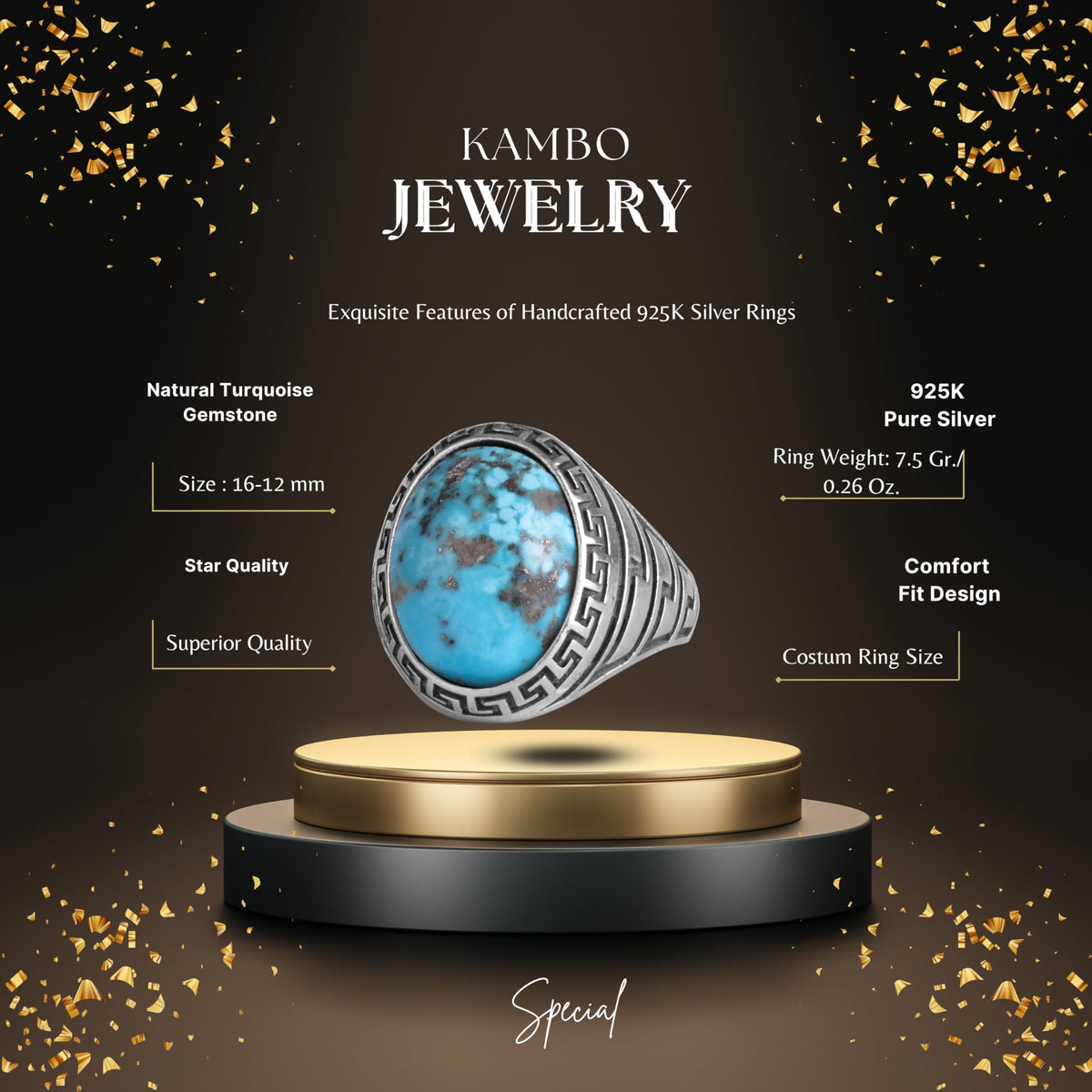 KAMBO Men's Natural Turquoise Stone Ring – 925 Sterling Silver Ring with Maze Side Designs – Handmade Minimalist Descriptive Jewelry (Style-3) — 3