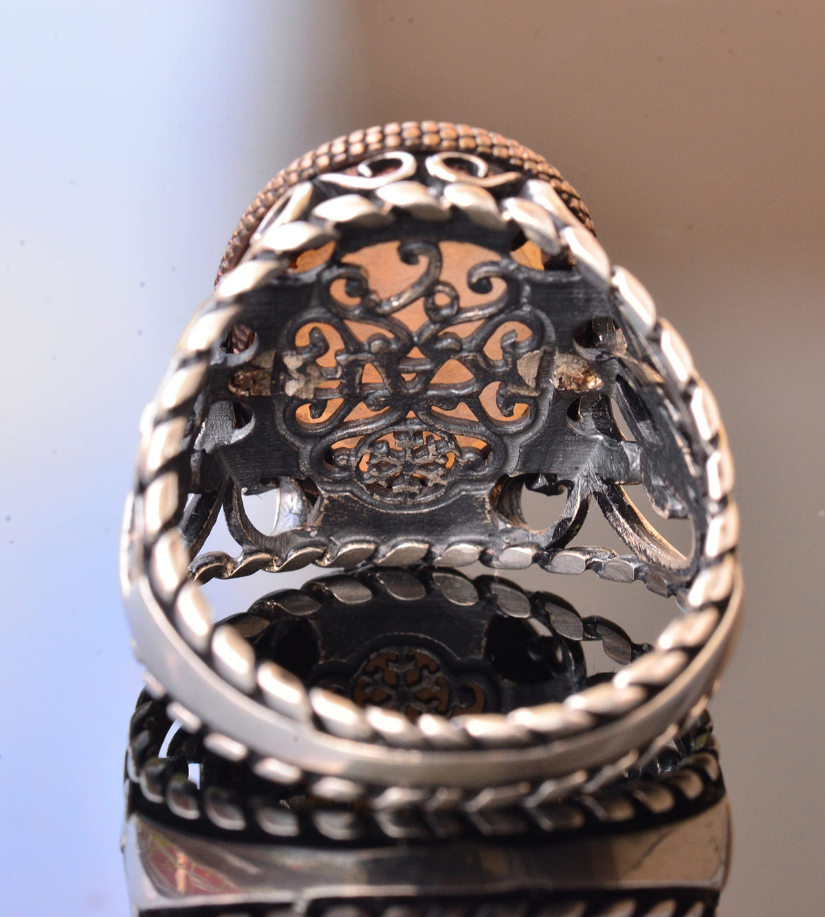 925 Sterling Silver Men's Ring - Handmade Elegance with Natural Amber Stone — 5