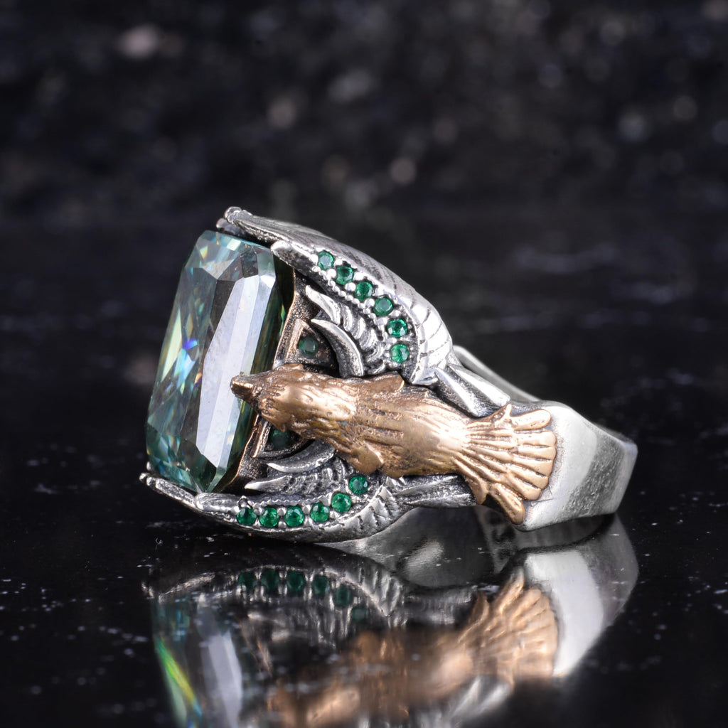 KAMBO Moissanite Stone Men's Ring Eagle Claw Design 925 Sterling Silver – Green Accent Handmade Two Tone Statement Ring — 6