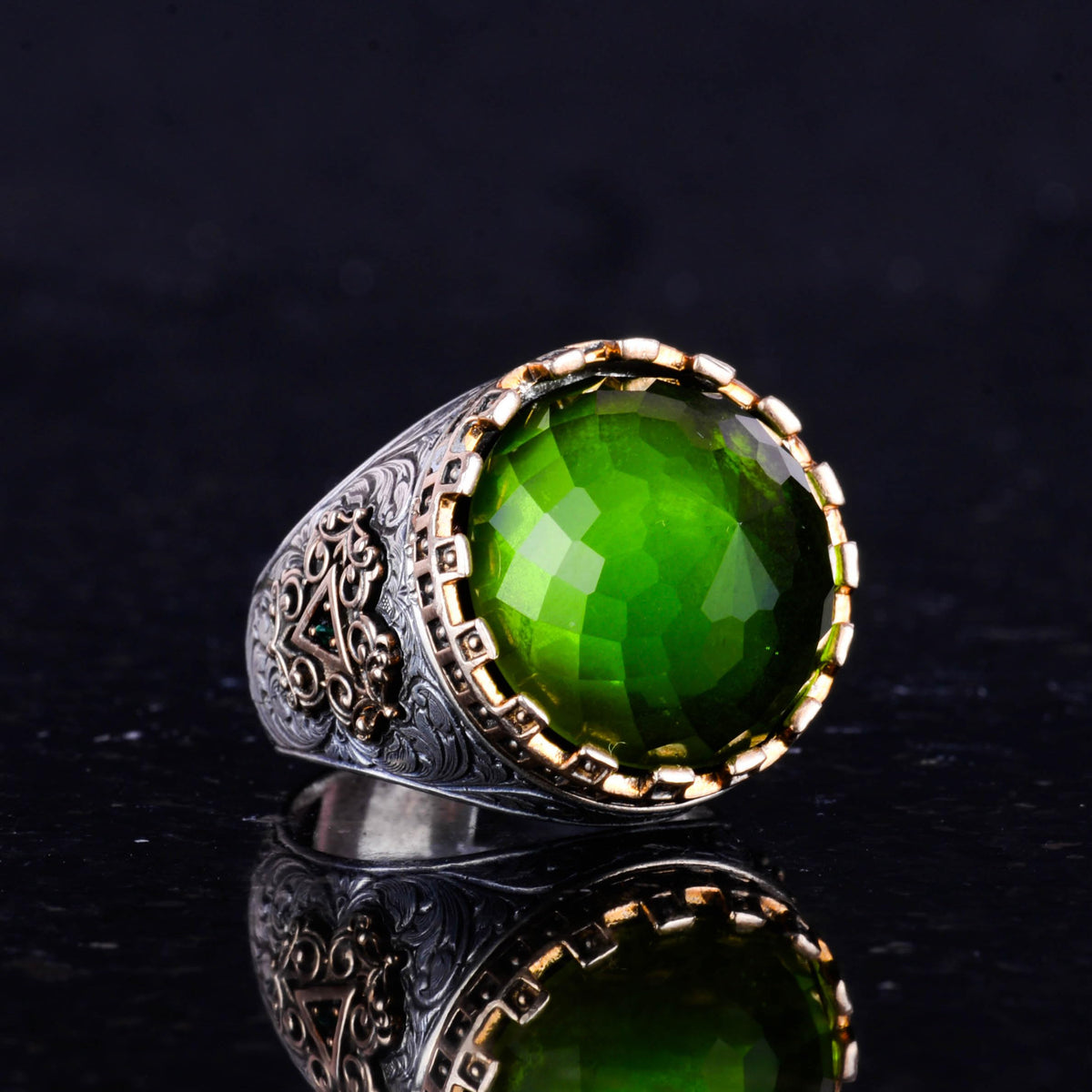 925 Sterling Silver Ring - King Ring - Artificial Stone Ring - Handmade Men's Ring (Artificial Peridot) — 5