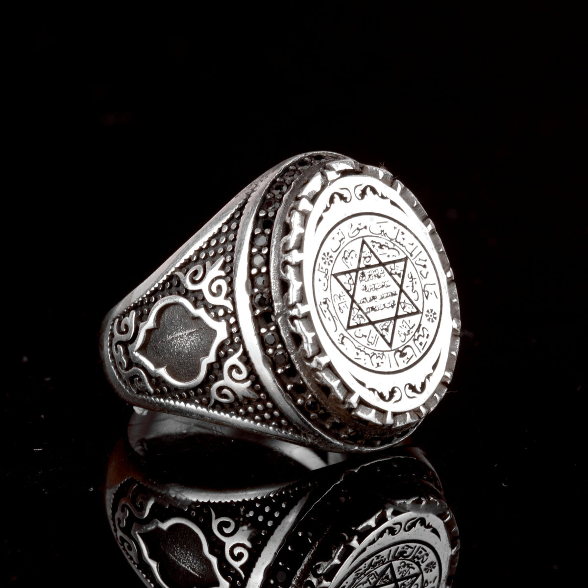 925 Sterling Silver Islamic Men's Ring - Solomon's Seal Carved Ring - Handmade Vintage Large Ring — 4