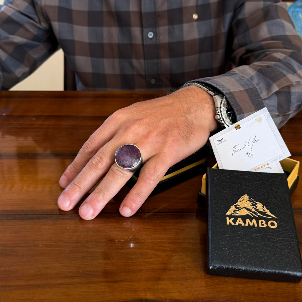 KAMBO 925 Sterling Silver Natural Stone Large Men's Ring – Handmade Round Shape Statement Silver Jewelry (Sapphire) — 3
