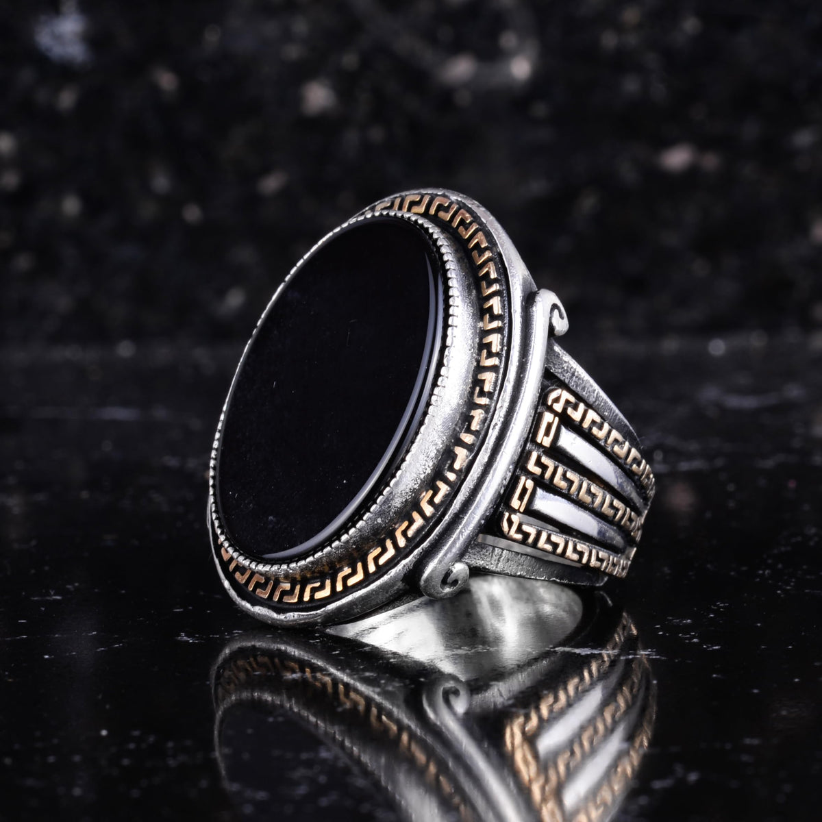 Men's Genuine Natural Stone Ring – 925 Sterling Silver Large Statement Ring – Handmade Vintage Design – Dark Silver Ring (Black Onyx) — 4