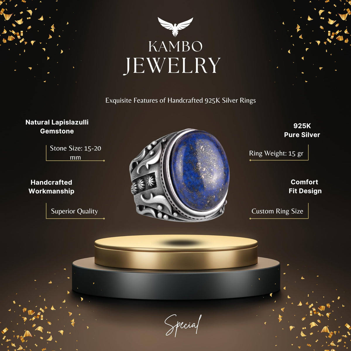 925 Sterling Silver Men's Ring, Natural Lapis Lazuli Stone, Wisdom and Truth Design — 2
