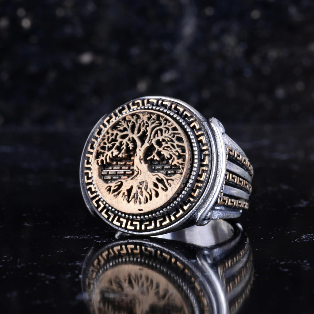 KAMBO Bronze Detailed 925 Sterling Silver Men's Ring Handmade Vintage Symbolic Statement Ring (Tree of Life) — 5