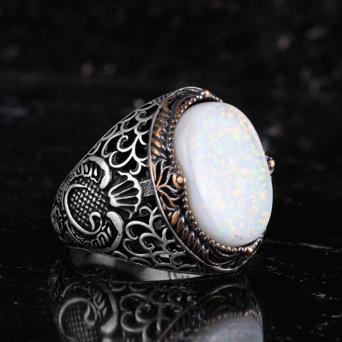KAMBO Certified Natural Opal Men's Ring 925 Sterling Silver – Ottoman Inspired Flower Pattern Vintage Filigree Statement Ring — 4