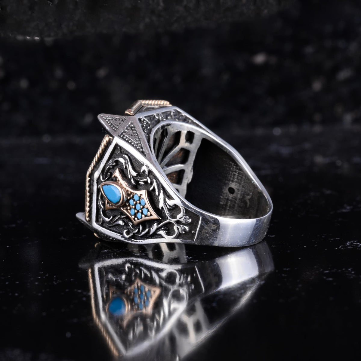 KAMBO Natural Moissanite Stone Men's Ring 925 Sterling Silver Bronze Details Blue Stone Accent Handmade Statement Ring — 6