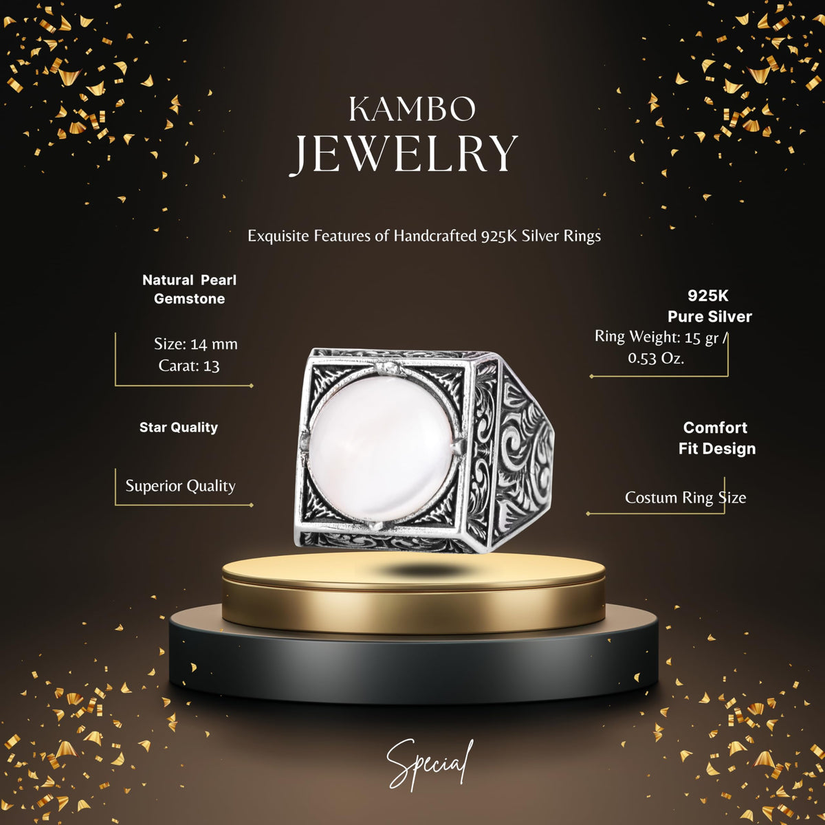 KAMBO Natural Round Stone Square Men's Ring 925 Sterling Silver – Ottoman Pattern Handmade Stone Ring (Pearl-1) — 2