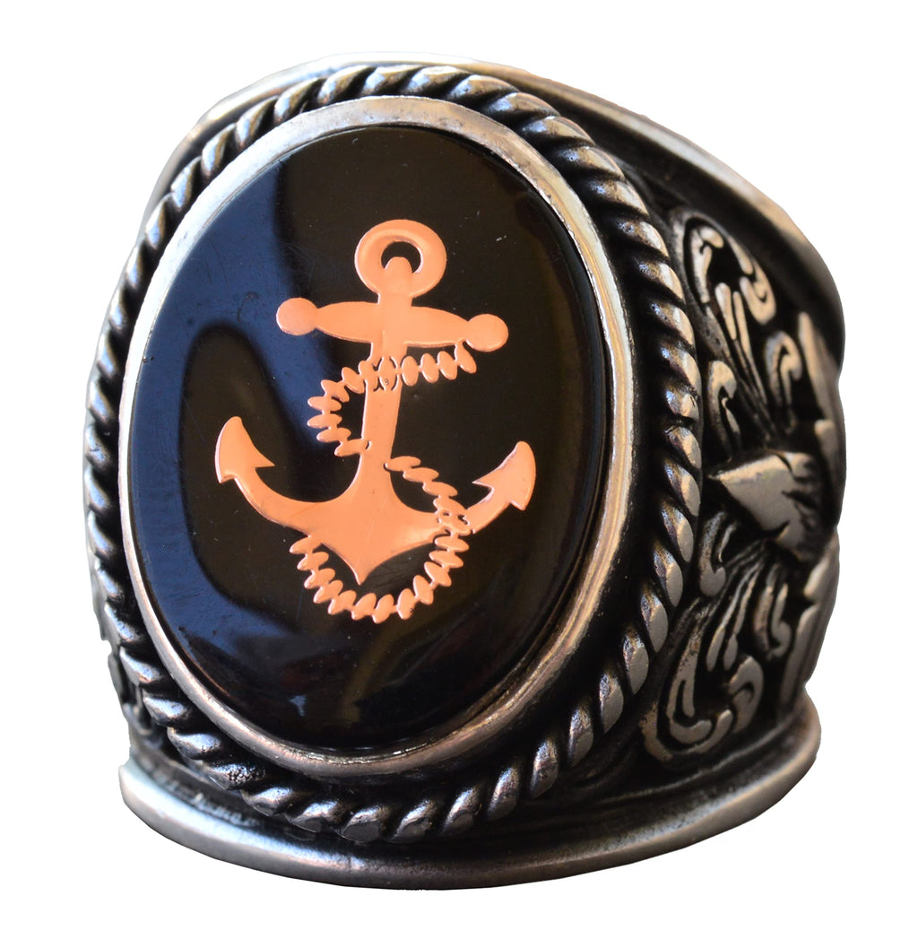 925 Sterling Silver Large Men's Ring with Lily Pattern - Ship Anchor Nautical Ring