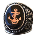 925 Sterling Silver Large Men's Ring with Lily Pattern - Ship Anchor Nautical Ring