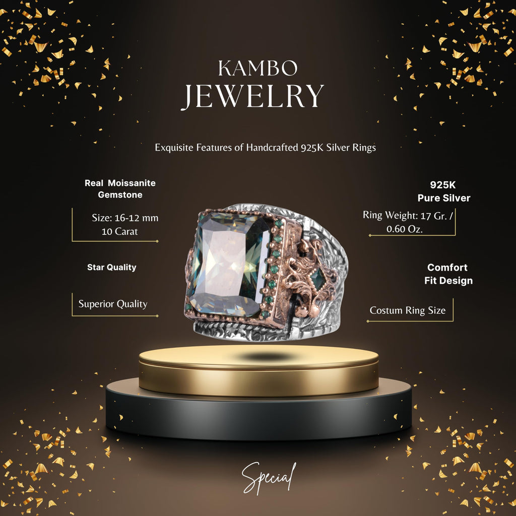 KAMBO Real Moissanite Stone Men's Ring 925 Sterling Silver – Green Accent Stone Luxury Y (Model-2) — 2