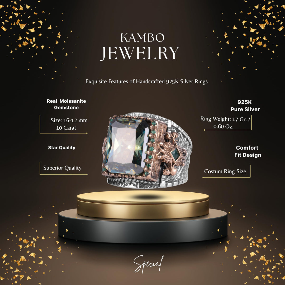 KAMBO Real Moissanite Stone Men's Ring 925 Sterling Silver – Green Accent Stone Luxury Y (Model-2) — 2