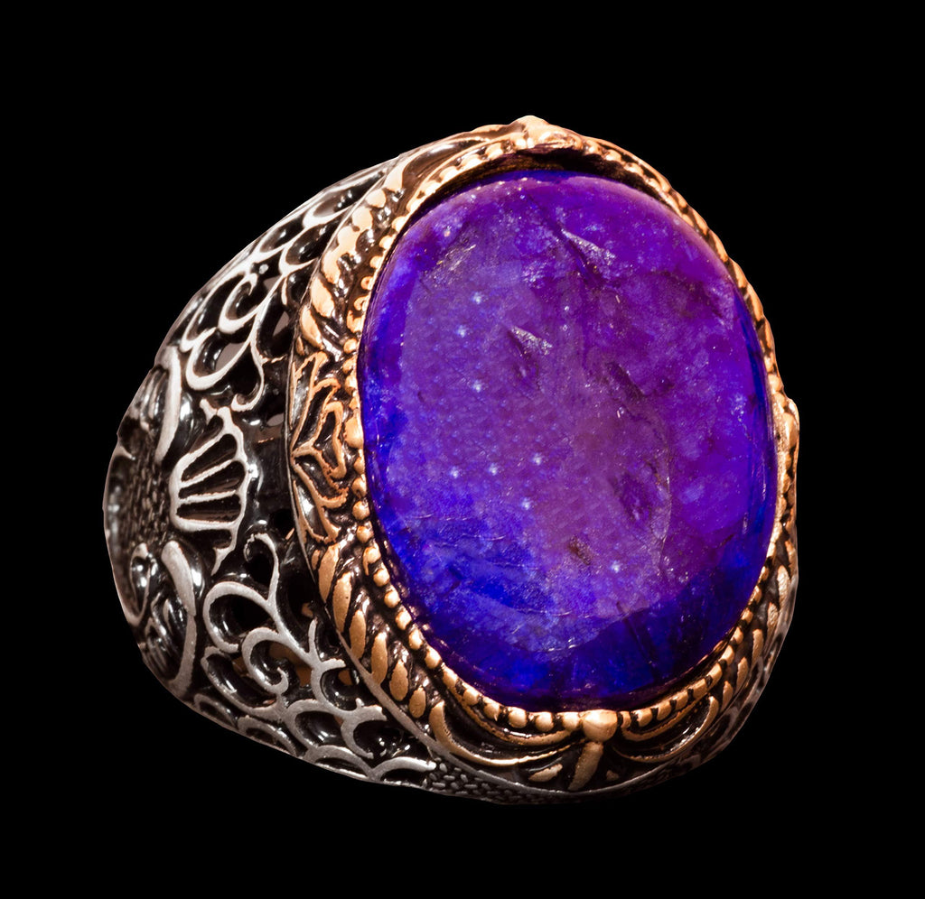 KAMBO Men's Handmade 925 Sterling Silver Ring with Natural Cabochon Sapphire Gemstone, Islamic Religious Design, Vintage
