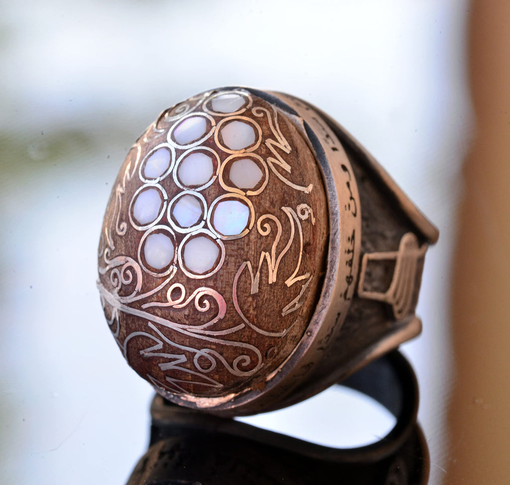 Handmade Walnut Carved Pattern Silver Men's Ring, with Pearl and Decorative Details — 3