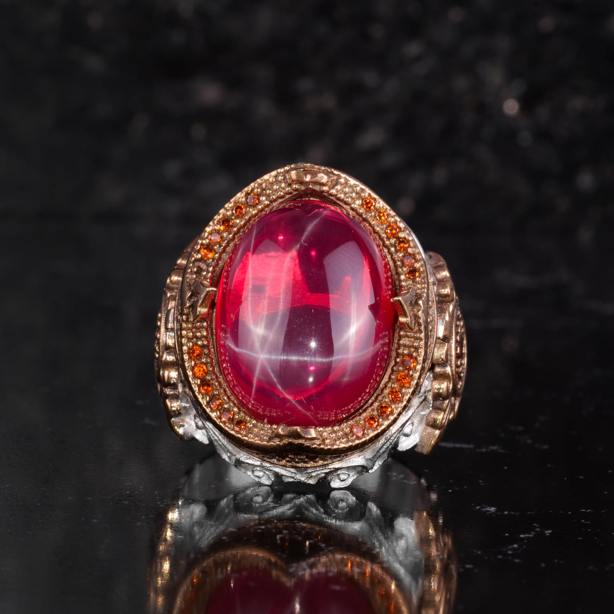 KAMBO Star Ruby Stone Men's Ring – 925 Sterling Silver Bronze Detail Statement Ring – Large Oval Red Star Ruby Handmade Ring — 4