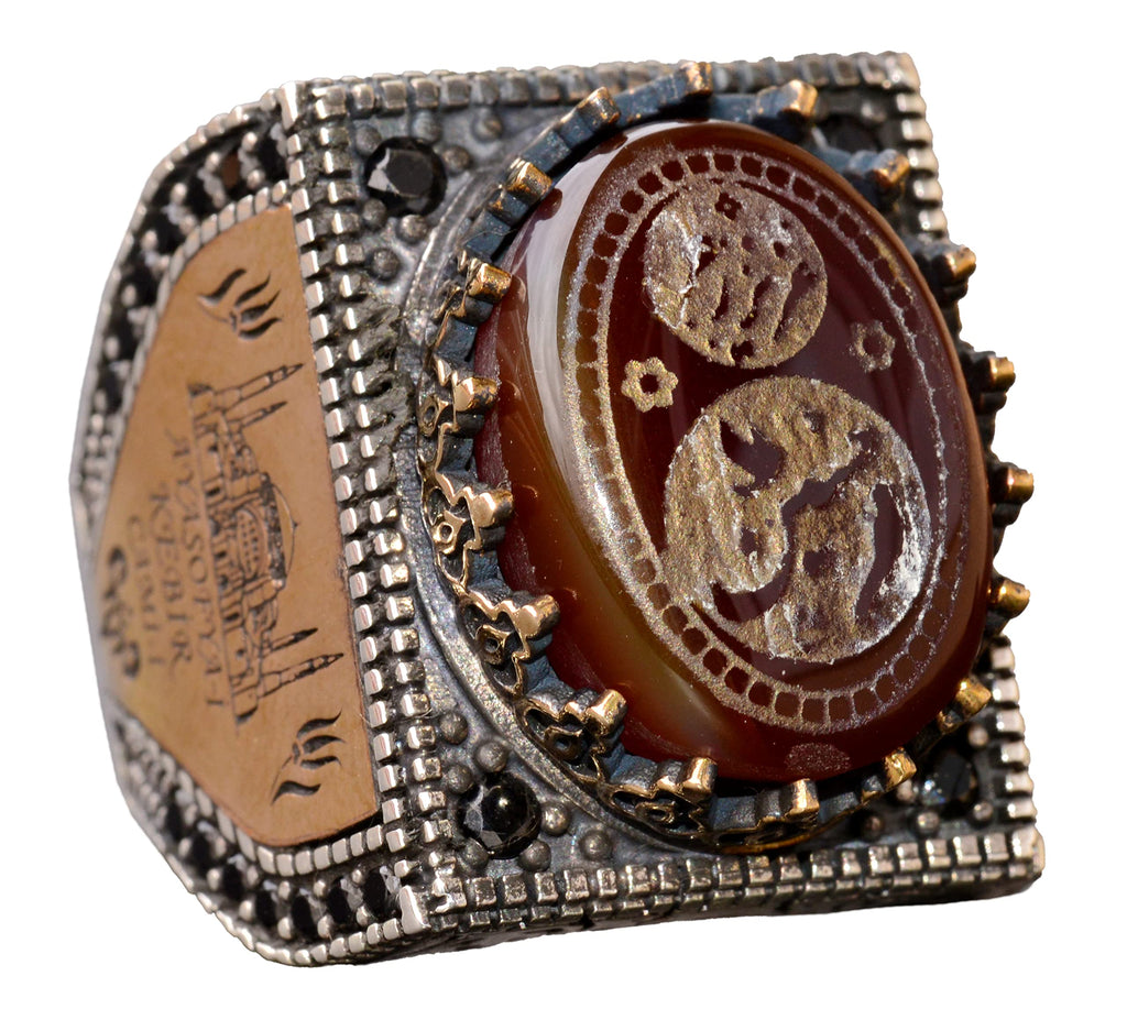 KAMBO Handmade 925 Sterling Silver Men's Ring with Natural Agate Gemstone, Islamic Engraved Art Deco Design, Vintage Rel