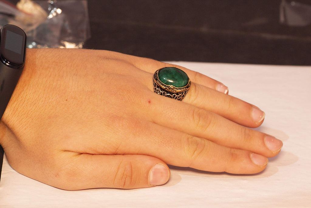 Natural Emerald Stone Ring - Men's Ring - 925 Sterling Silver Unique Design — 5