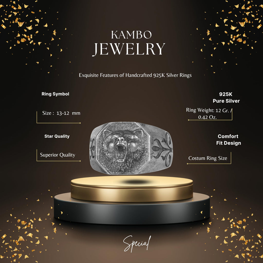 KAMBO 925 Sterling Silver Men's Bear Head Ring – Symbol of Strength, Courage, and Protection – Handmade Gothic Animal Ring — 2