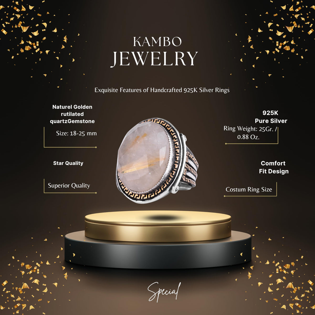 KAMBO Men's Genuine Natural Stone Ring – 925 Sterling Silver Large Statement Ring – Handmade Vintage Design – Thick Silver Ring (Gold Rutilated Quartz) — 2