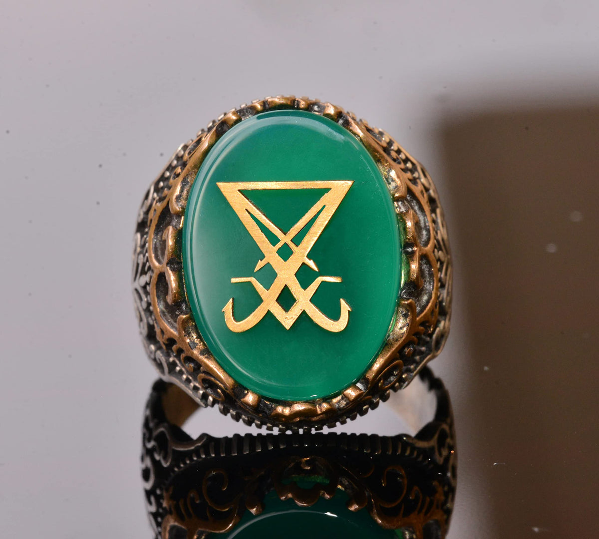 Kambo Handcrafted Silver Men's Ring - Green Synthetic Stone Lucifer Symbol, Bold and Unique Design — 8