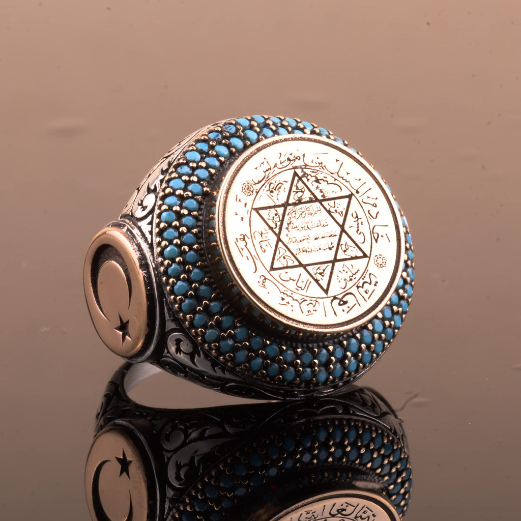 Islamic Star of David Ring - Crescent and Turquoise Detailed, 925 Sterling Silver — 5