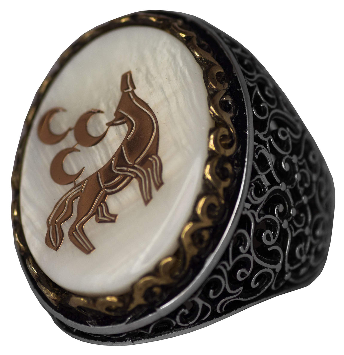925 Sterling Silver Men's Ring - Wolf and Crescent Symbol, Embellished with Natural Stones