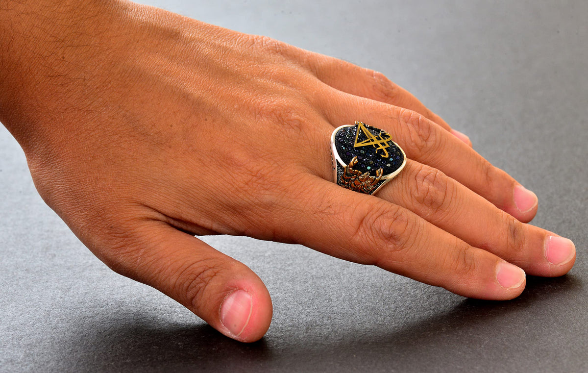 Handcrafted 925 Sterling Silver Men's Lucifer Scorpion Ring, Black Agate Stone, Gold Plated, Intricate King Seal Design, Unique Silver Ring — 7