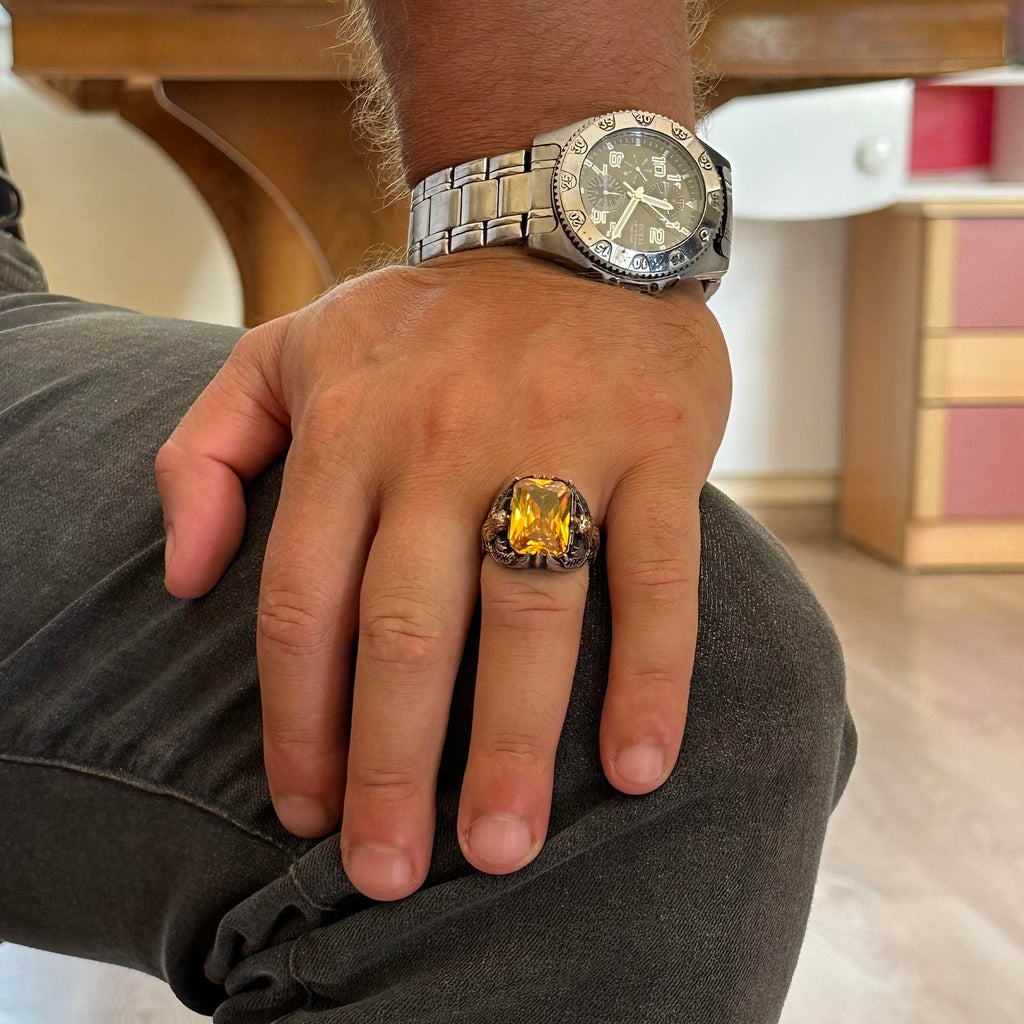 KAMBO Men's Eagle Symbol Stone Ring, Handmade 925 Sterling Silver Ring - Unique Protection Symbol (Created Citrine) — 3