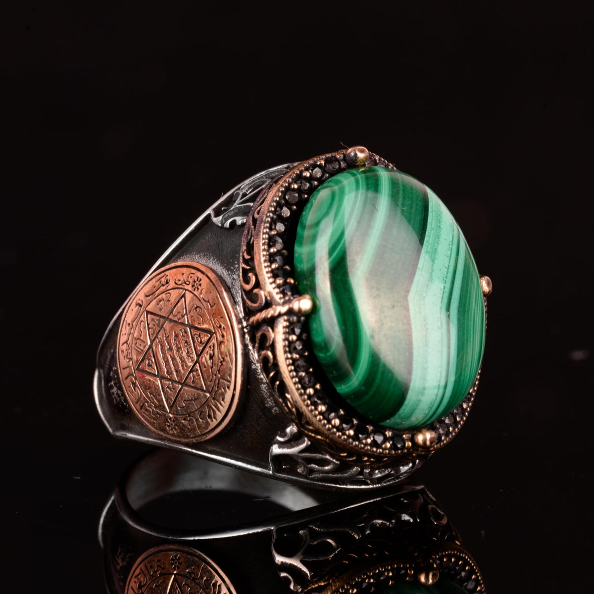 Seal of Solomon Ring, Natural Malachite Stone Ring — 5