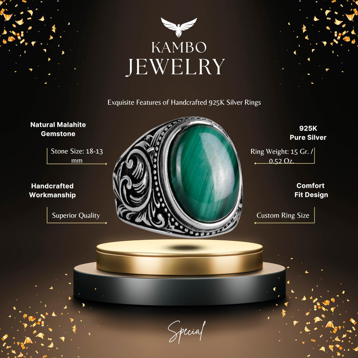 925 Sterling Silver Men's Ring, Handmade Malachite Gemstone Ring — 2