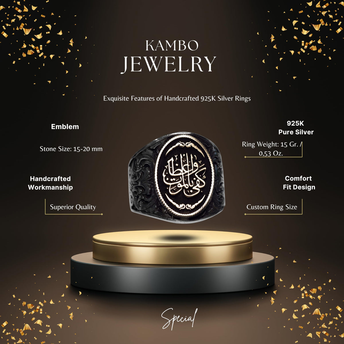 Islamic Men's Ring - 925 Sterling Silver with Arabic Inscription "Kefa Bil Mevt Vaizan" — 2