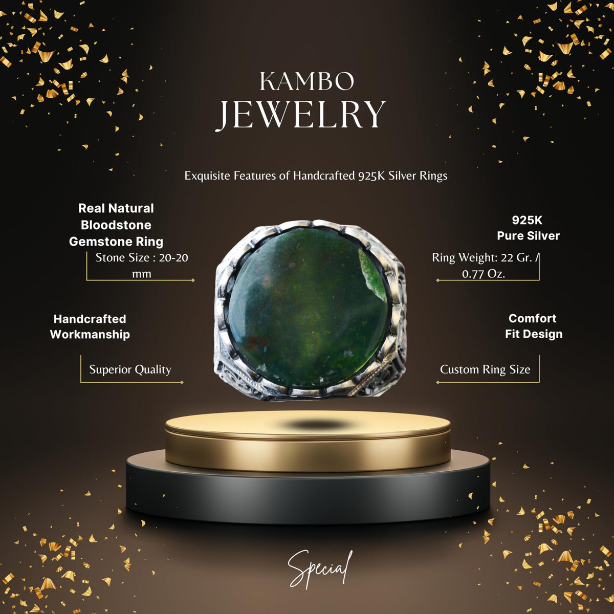 KAMBO Handmade 925 Sterling Silver Men's Ring with Natural Bloodstone Gemstone, Vintage Byzantium Round Design, Statemen