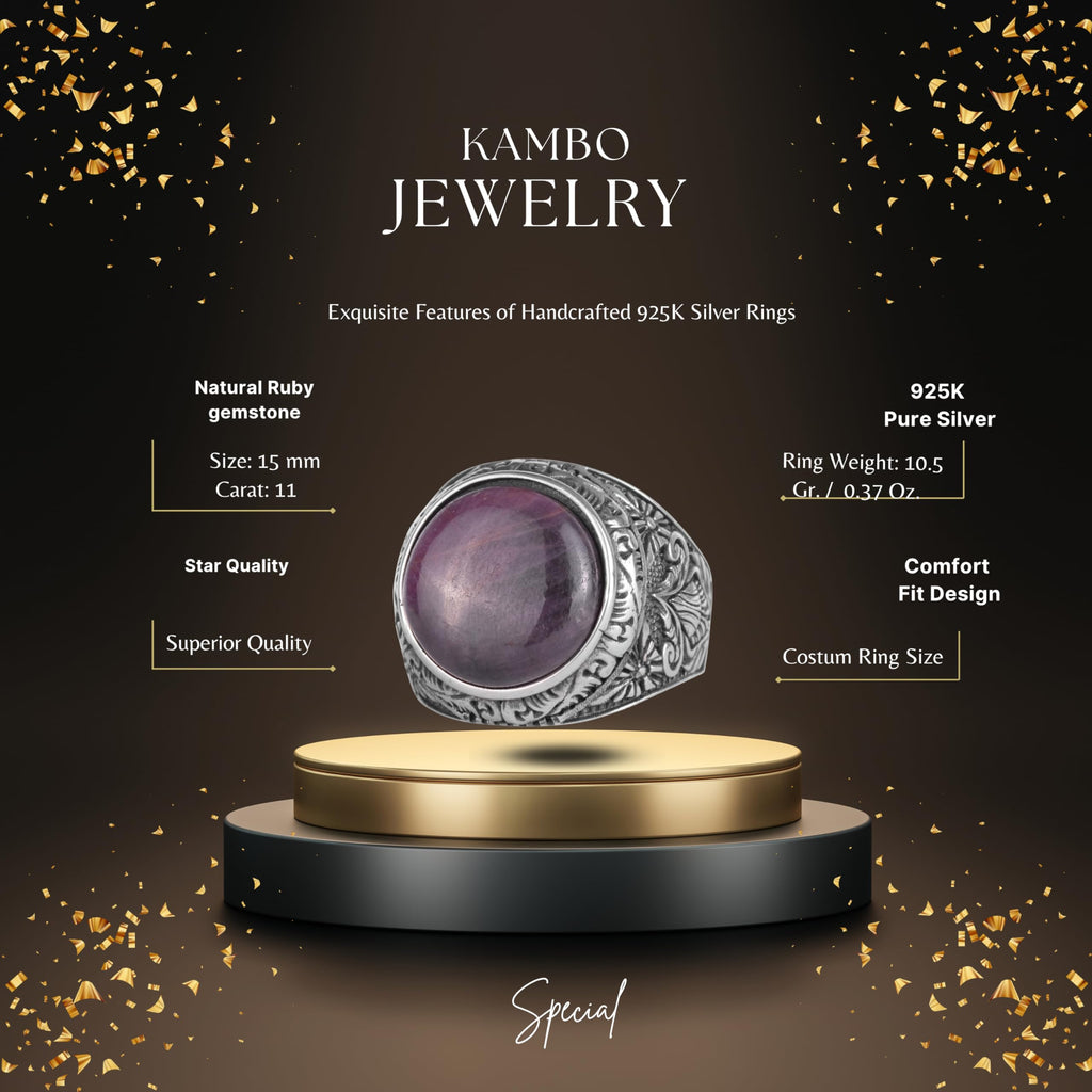 KAMBO Natural Ruby Stone Ring for Men 925 Sterling Silver Handmade Statement Ring Oval Cabochon Ruby — 2