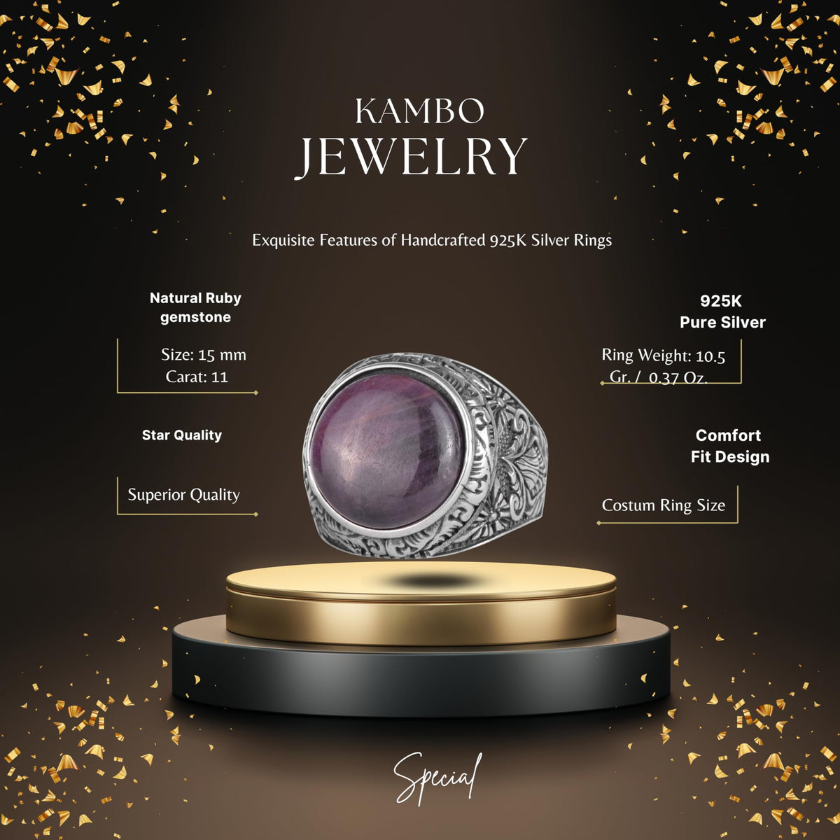 KAMBO Natural Ruby Stone Ring for Men 925 Sterling Silver Handmade Statement Ring Oval Cabochon Ruby — 2