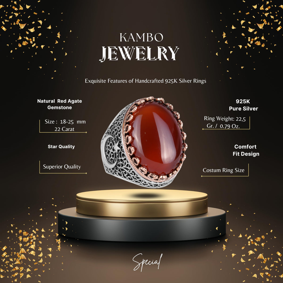 KAMBO 925 Sterling Silver Men's Natural Stone Ring - Moon and Star Design - Handmade Vintage Jewelry (Red Agate) — 3