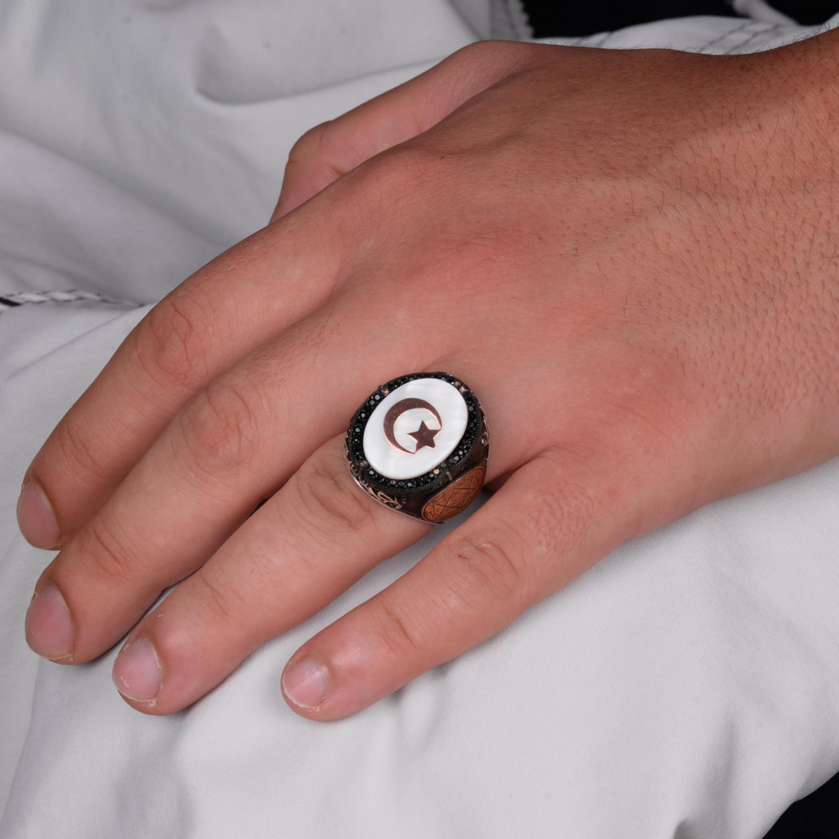 Handcrafted Patterned Ring - 925 Sterling Silver Men's Ring - Star and Crescent — 3