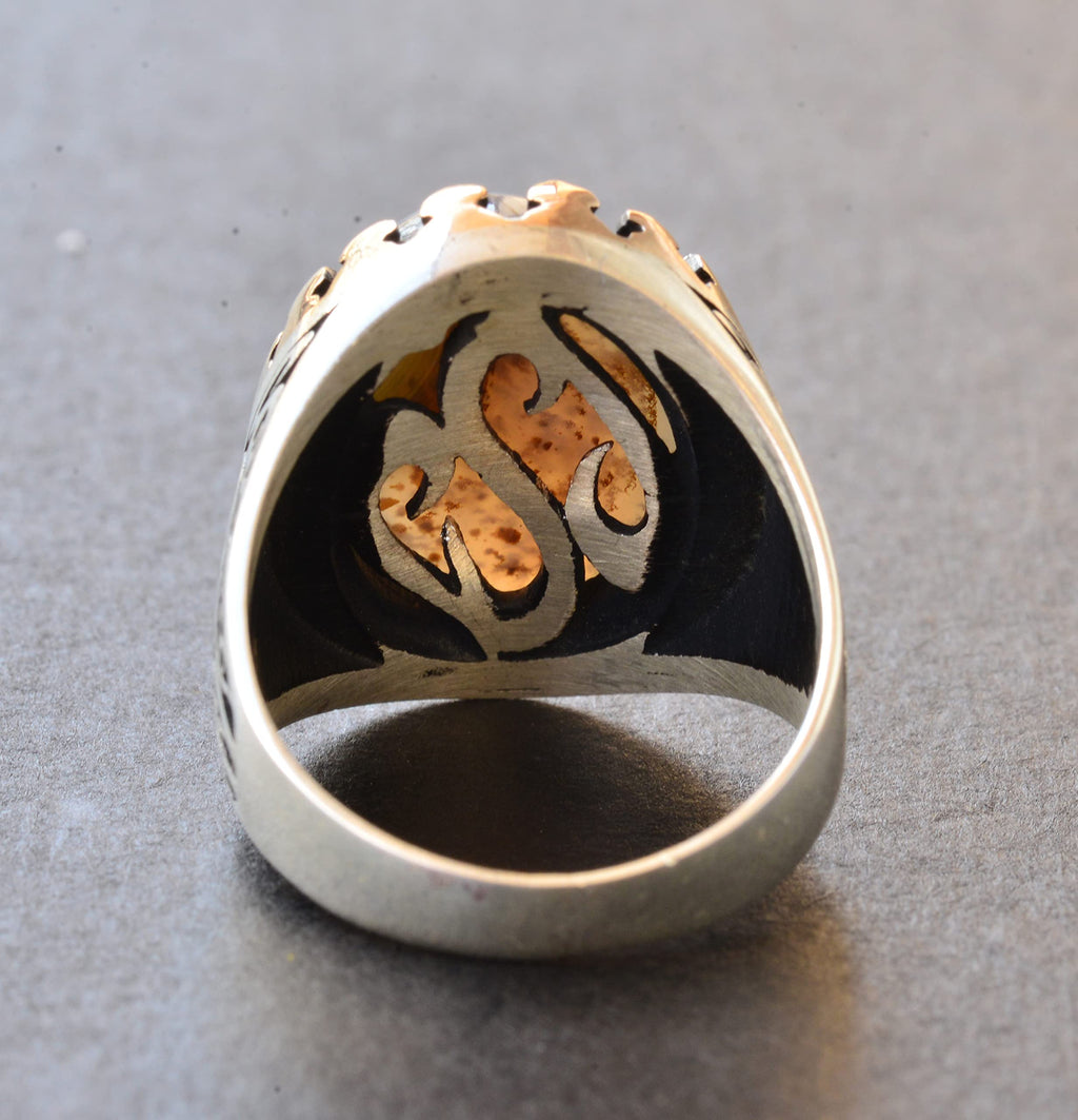 925 Sterling Silver Men's Ring - Natural Beige Wood Stone Vintage Design — 8
