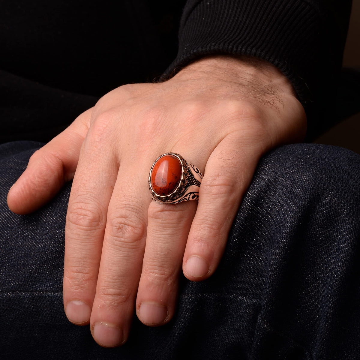Natural Bloodstone Stone Handmade Silver Men's Ring — 7