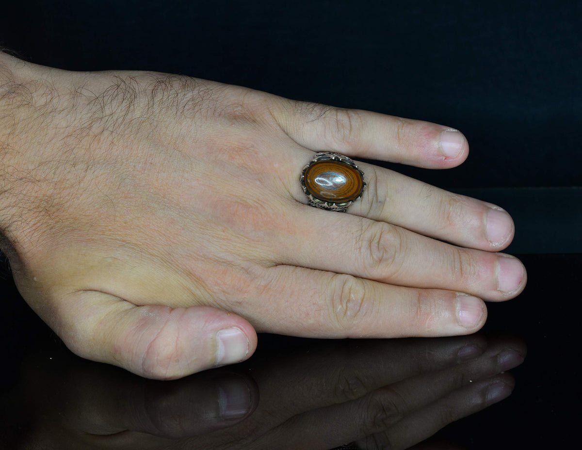 925 Sterling Silver Men's Ring with Natural Iron and Tiger Eye Stone — 5