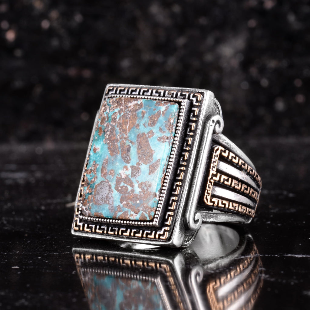 KAMBO Natural Turquoise Stone Large Ring for Men - 925 Sterling Silver Handmade Rectangular Statement Ring - Greek Pattern Vintage Jewelry — 5