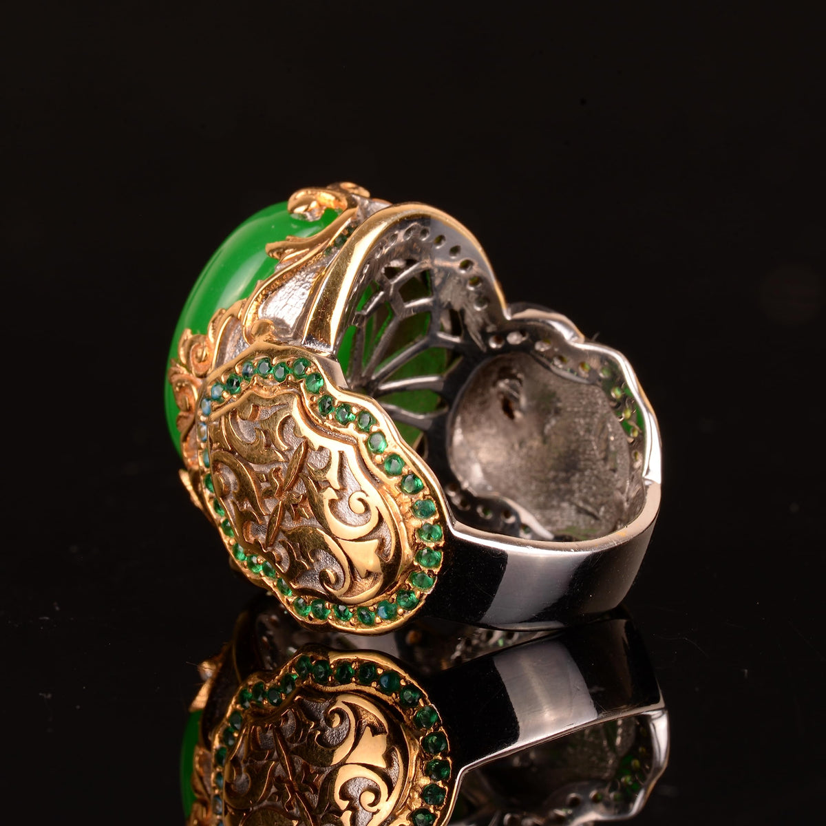 Natural Jade Stone Silver Ring - Gold Plated — 6