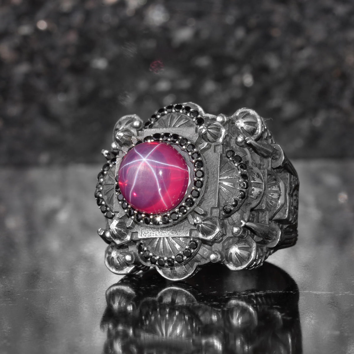 KAMBO Large Natural Stone Men's Ring 925 Sterling Silver – Handmade Statement Ring Inspired by Islamic Mosque (Star Ruby) — 5