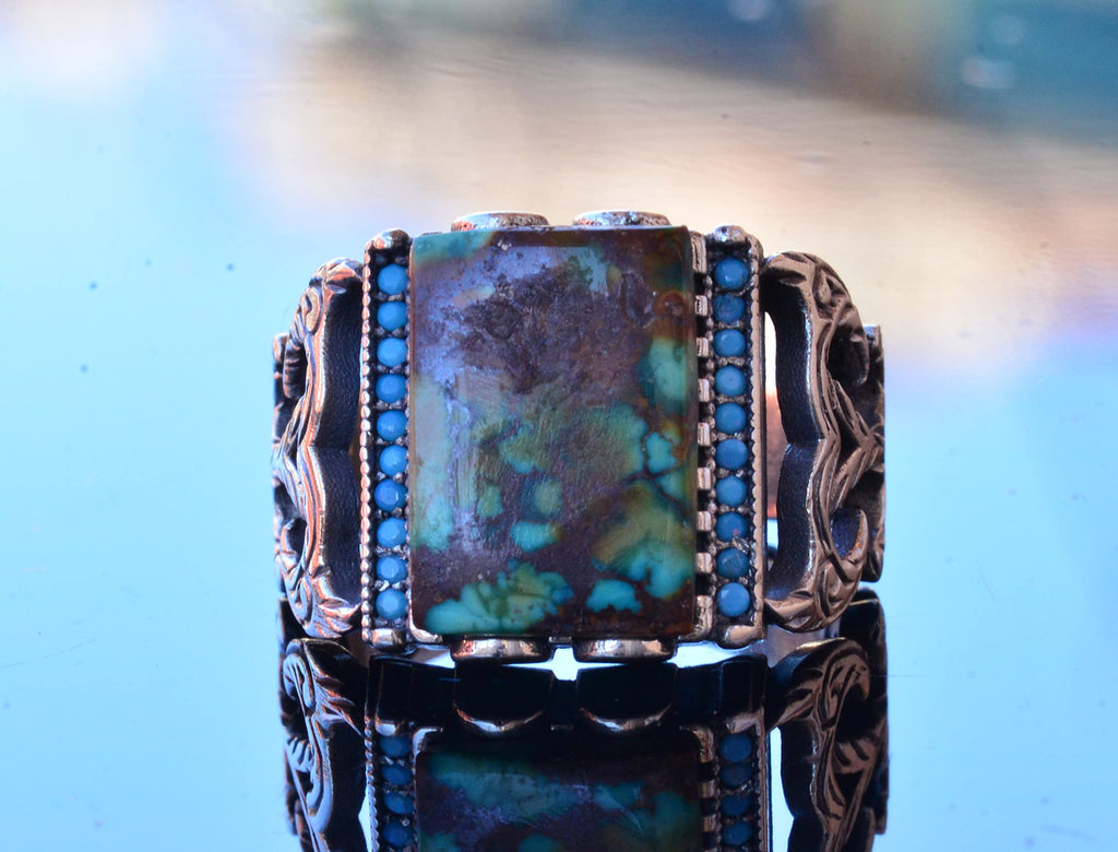 KAMBO Handmade Vintage Style-3 Sterling Silver Ring for Men with Genuine Natural Arizona Turquoise Gemstone - 925 Sterli