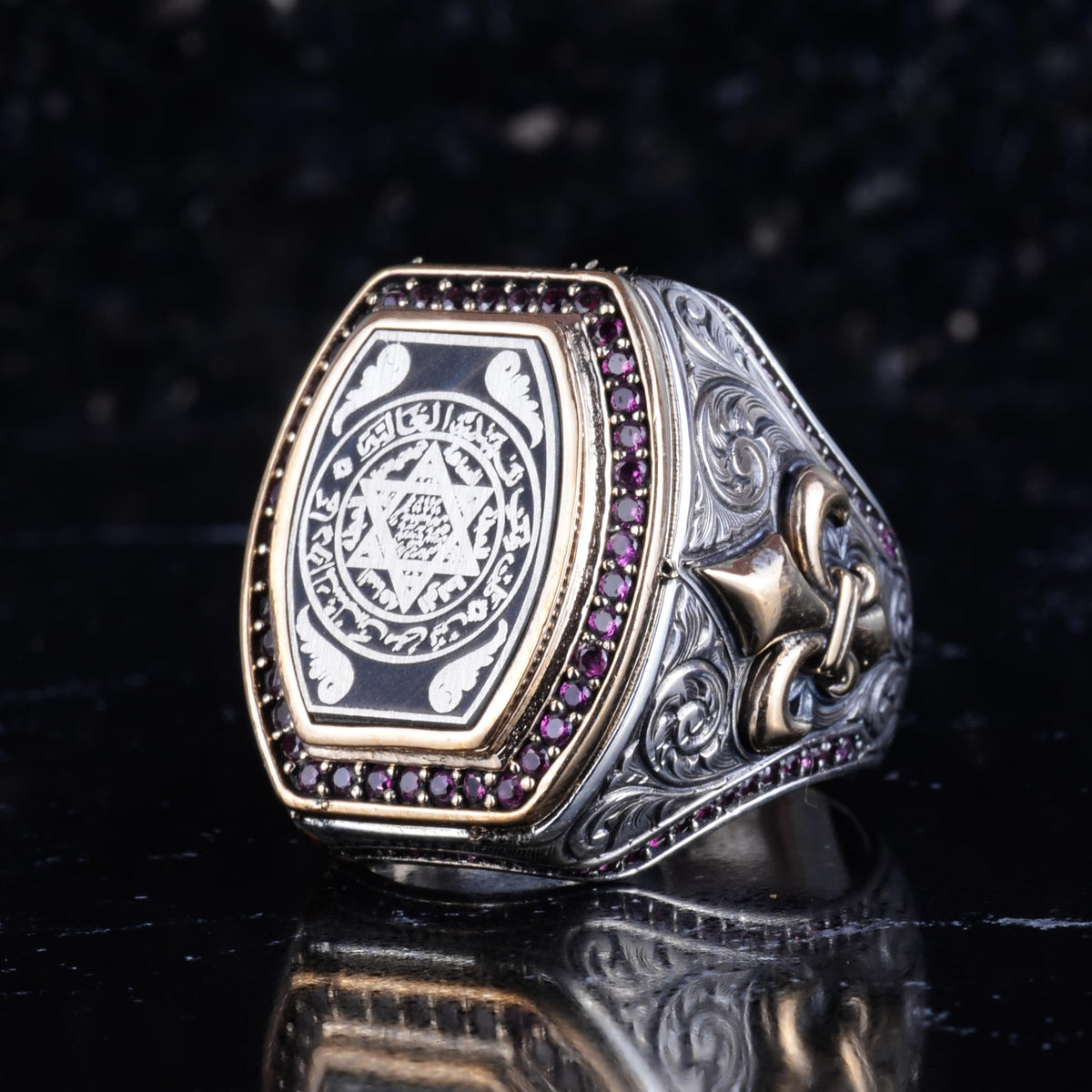 KAMBO Star of David Embroidered Men's Ring – 925 Sterling Silver Purple Stone and Horse Hoof Detailed Hexagonal Statement Ring – Vintage Handmade Design — 5